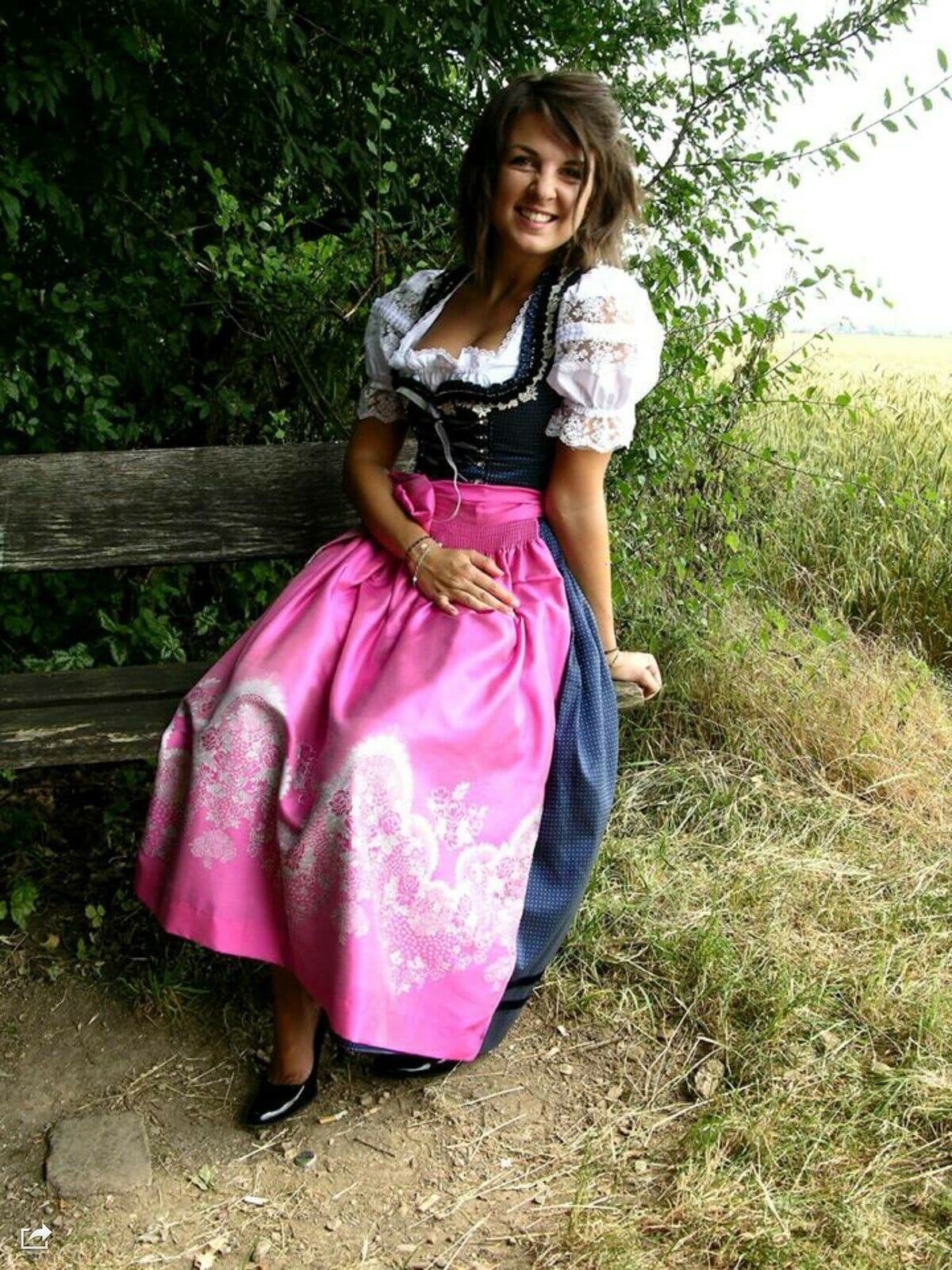 Dirndl Krüger Manufaktur, Maxi 85 cm, blau, pink, Gr. 34 Dirndl Krüger 