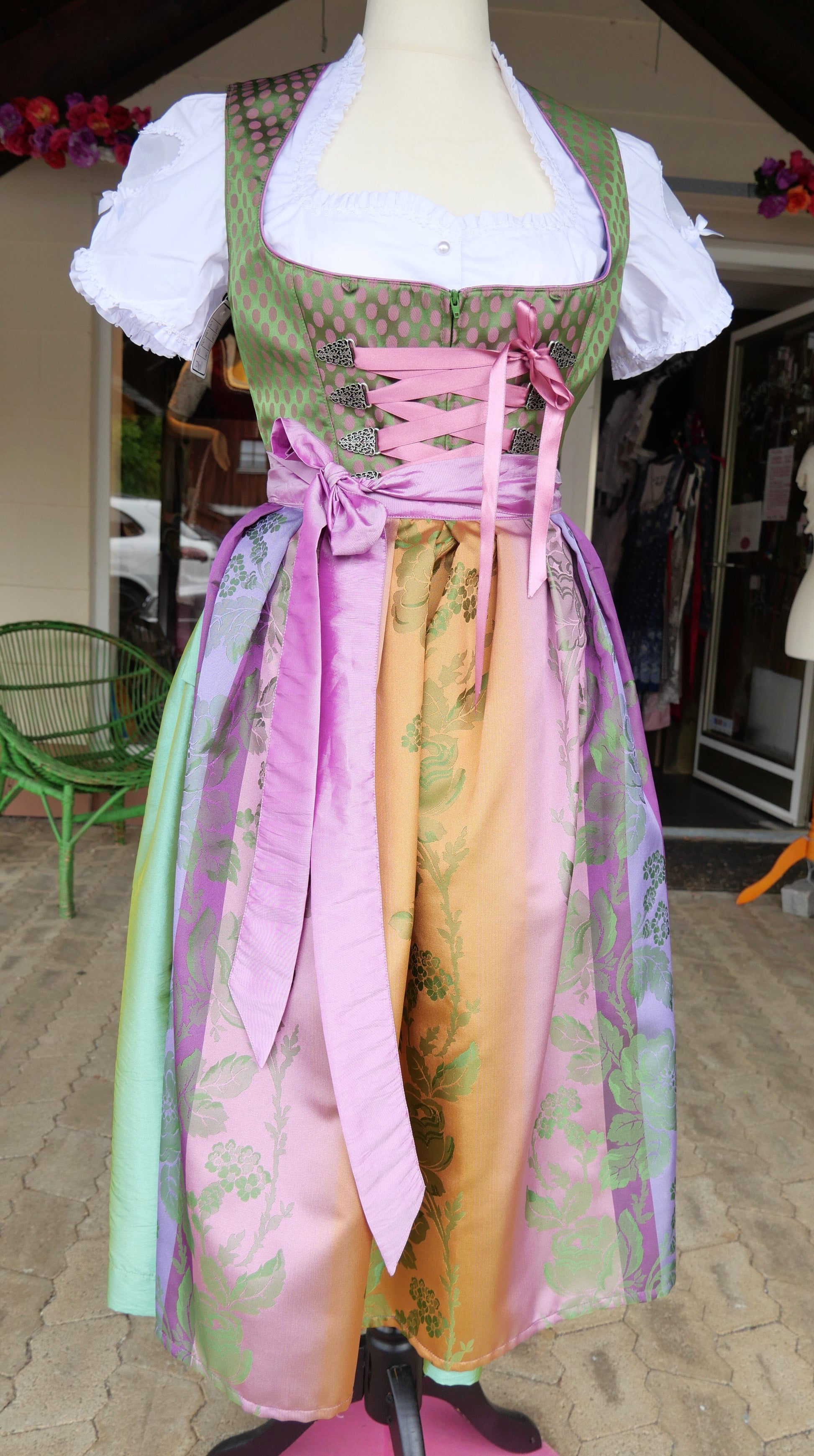 Dirndl Melega, Pam, Grün, lila, rosa Midi, Gr. 40 Dirndl Melega 