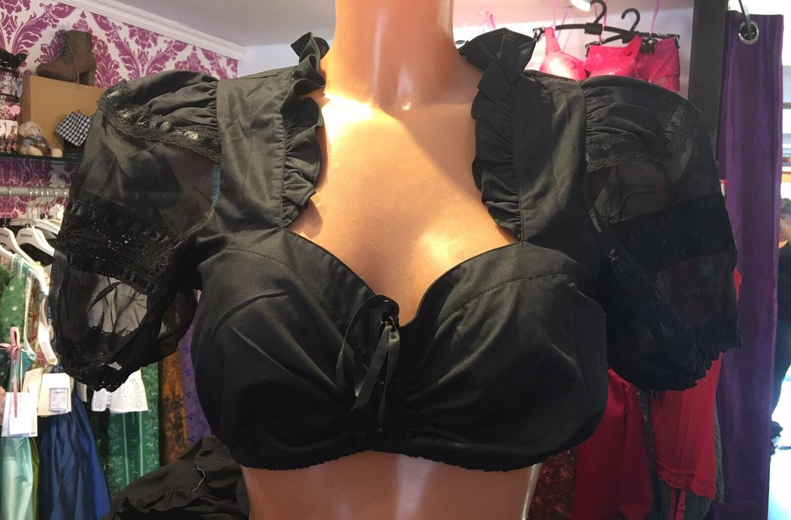 Dirndlbluse Krüger Madl, schwarz, Transparent, Zugband Dirndlblusen Krüger 